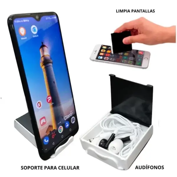 Audífonos Soporte Celular + Limpia Pantalla